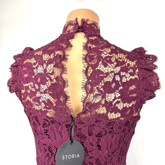Storia High Neck Lace Ruffled Mini Dress Sleeveless Burgundy Red Sz M Boho Chic - Picture 8 of 16